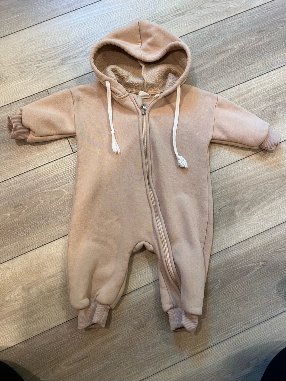 Plush lined Hooded Baby One-Piece in Tan